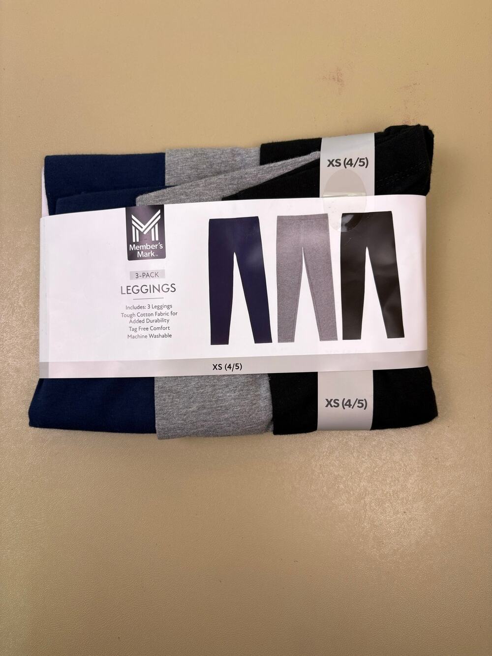 Member’s Mark Girls XS 4/5 Leggings 3 Pack Navy Gray Black Cotton NIP
